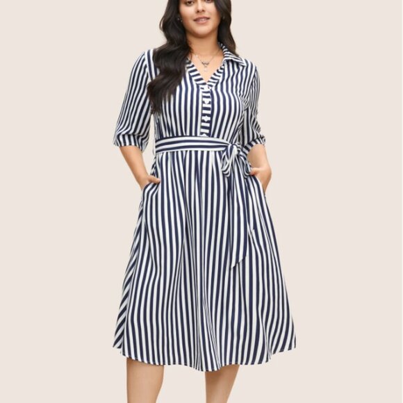 BloomChic Plus size 4XL Striped Belted Shirt Collar Button Up Dress us26 - Picture 1 of 5